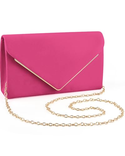ERKOON Women Faux Suede Evening Clutch Bags Prom Handbag Formal Party Clutches Wedding Purses Cocktail Promenade Shoulder with Detachable Strap (Full Hot Pink)