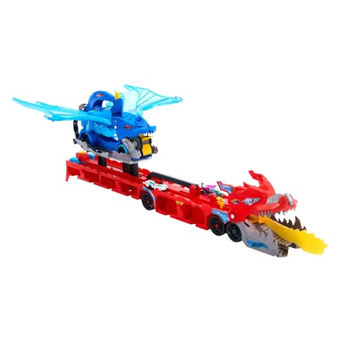 Image of Hot Wheels City Toy Car Track Set, Ultimate 2-in-1 Dragon Transporter and 2 Die-Cast Cars, Large Dragon and Removable Dragon with Space for More Than 20 Vehicles, JKJ79