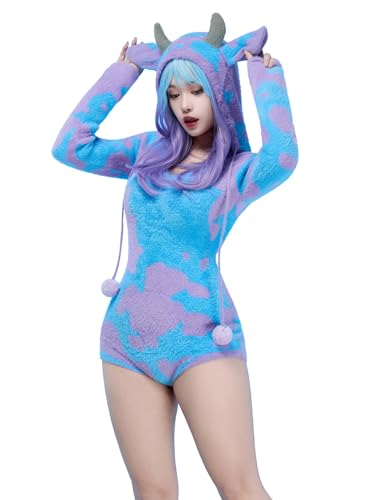 Mobbunny Women's Fuzzy Knit Sweater Pajamas Cute Cow Print Jumpsuit Fluffy Hooded Romper Bodysuit Onesies Pajamas Adult