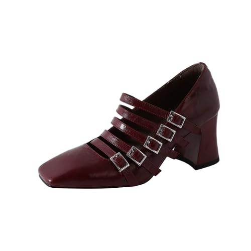 TinaCus Women's Square Toe Handmade Buckles Mid Chunky Heels Genuine Leather Chic Pumps Shoes