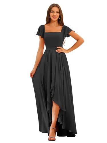 Flutter Sleeve Bridesmaid Dresses with Slit Long Square Neck Ruffles Chiffon Evening Gowns with Pocket LO040