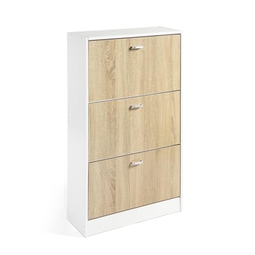 DUPI Mueble Zapatero Madera | 3 Puertas Oscilobatientes | 6 Baldas para 28 Zapatos | Diseño Minimalista | Zapatero Entrada (Estructura Blanco/Puertas Taupe)