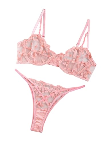 Lilosy Sexy Cute Underwire Push Up Strappy Heart Embroidered Mesh Sheer Lingerie Set for Women Bachelorette See Through Bra and Panty 2 Piece Pink Medium - Image 2