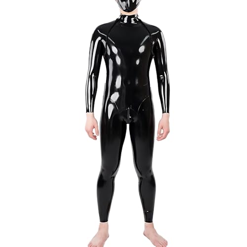 IOKUKI Natural Latex Suit Rubber Catsuit for Men,Handmade Bodysuit Shoulder and Crotch Zips Neck Entry Jumpsuit XXL