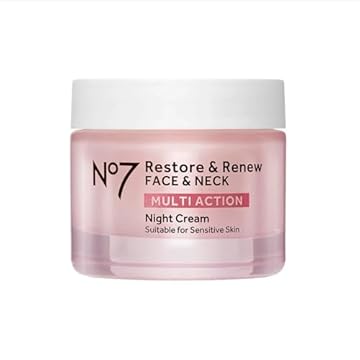 No7 Restore & Renew Creme Noturno Multi Action Rosto e Pescoço - Creme Facial Anti-Envelhecimento Peptídeo de Colágeno - Ácido Hialurônico Hidratante + Creme Noturno Sem Fragrância Firmador da Pele (50ml)