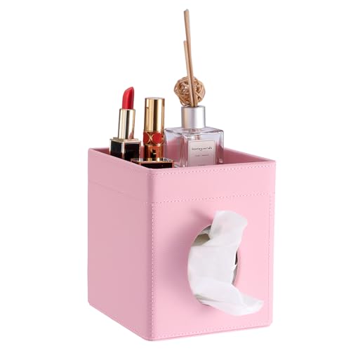 Sumnacon Square Tissue Box Cover with Storage Tray Decorative Cube Tissue Holder PU Leather Facial Tissues Organizer Stylish Modern Tissue Dispenser for Bathroom Toilet Tank Vanity Dresser Table