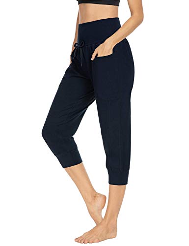 ZJCT Sweatpants for Women Joggers Capri Yoga Workout Pants High Waisted Drawstring Lounge Pants with Pockets Navy L