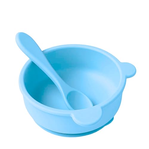 Image of Silicone Baby Feeding Bowl and Spoon Set with Suction Base, BPA-Free, Non-Slip, Safe for Infants and Toddlers Mealtime Blue