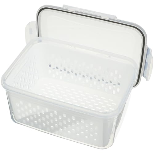 ERINGOGO 冷蔵庫用大容量フードグレード水切り収納ボックス 透明蓋付き排水ザル内蔵 食品鮮保持キッチンカウンター整理ケース