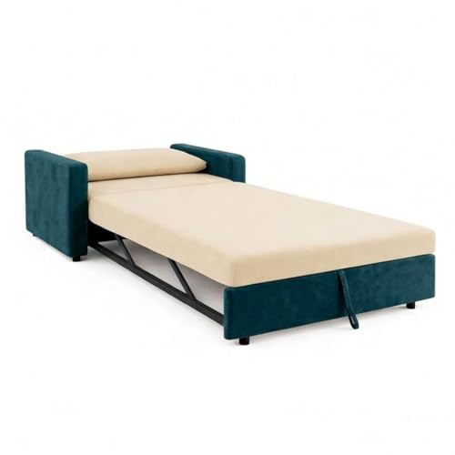 Image of SOCOZI Enrique 1 Seater Sofa Cum Bed | Soft Velvet Suede Fabric | Modern Convertible Design | Plush Comfort Seating for Living Room (Green Teal-Cream)