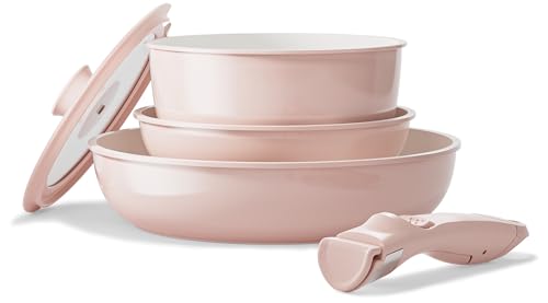 Redchef Ceramic Pots and Pans Set Non Stick, Nonstick Kitchen Cookware Sets, Non Toxic Pots and Pans Set Non Stick, PFAS PFOA & PTFE Free, Detachable Handle Pots and Pans 5 Piece, Pink