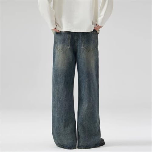 Men's Elastic Waist Washed Jeans Loose Straight A-Line Jeans4