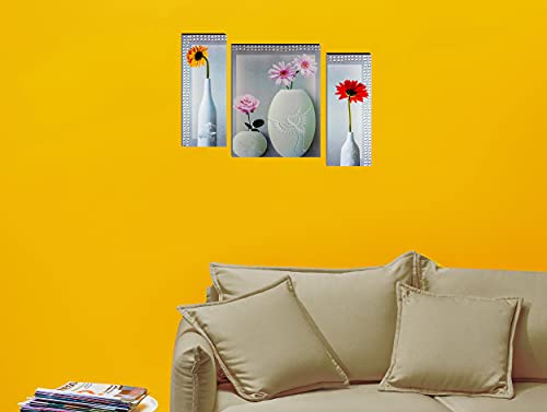 Image of Indianara Set of 3 Red, Pink & Yellow Flowers MDF Art Painting (564FL) without glass 4.5 X 12, 9 X 12, 4.5 X 12 INCH