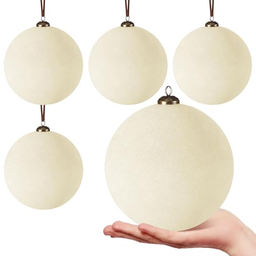 PullCrease 4 Pcs Large Velvet Christmas Balls 6 Inch Christmas Tree Decorations Christmas Ornaments Balls for Family Holiday Wedding Party Xmas Tree Hanging Decoration(Cream White)