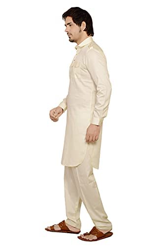 Image of WHITE-ZONE Men's Pathani Suit Set (44, Cream Satin)