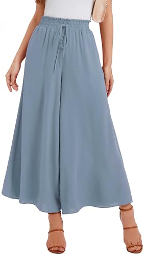WUWUSKY Sommerhose Damen Leicht Lässige Palazzo Hose Elegant High Waist Baggy Freizeithose mit 2 Taschen,Blau Grau,S