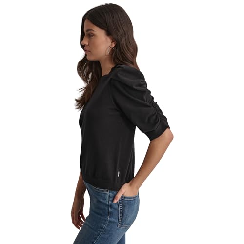 DKNY Women's Elbow Sleeve Crew Neck Puff Shoulder Jeans Sweater3