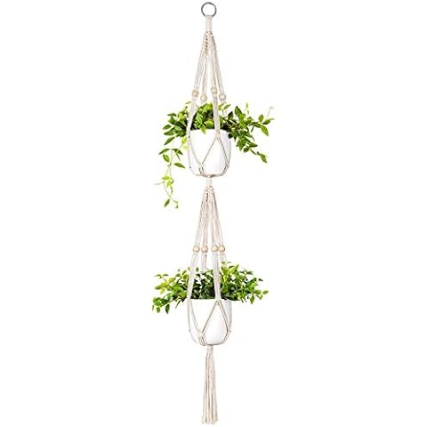 Mkouo Macrame Plant Hanger 2 Tier Indoor Outdoor Hanging Basket Cotton Rope with Beads Planter Holder, 125cm Cover