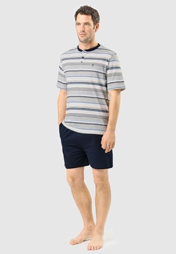 El Búho Nocturno Mens Pajama Set Short Sleeve Summer Knit Striped Pajama Set for Men, 81% Cotton, 19% Polyester, Grey 3081, L2