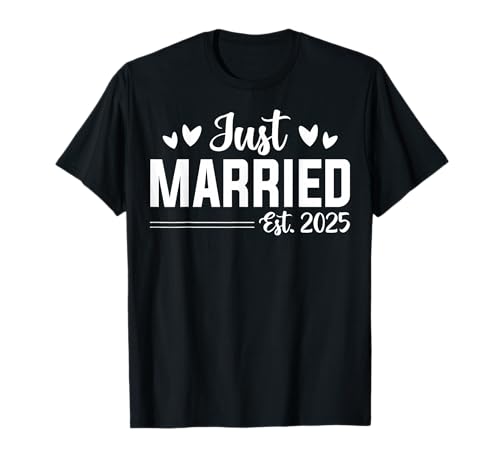 Wife EST 2025 Just Married Honeymoon Wedding Unisex Adult T-Shirt Black Small Modern Classic V-Neck Short Sleeve Polyester 100% Cotton Machine Wash
