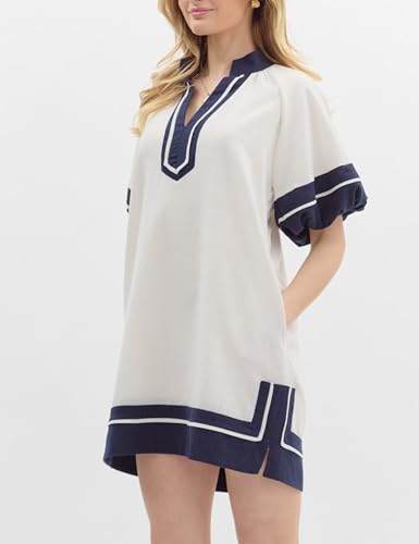 Image of Esmeling Women's Color Block Pullover Dress V-Neck Puff Sleeve Dress Mini Shirt Dress with Pockets