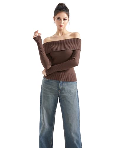 Image of SUUKSESS Women Off Shoulder Sweaters Long Sleeve Ribbed Knit Going Out Fall Tops Blouse