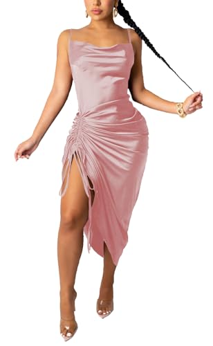 Image of Club Dress Sexy Dress for Women Wedding Party Birthday Cocktail Spaghetti Strap Satin Side Ruched Midi Mini Dress