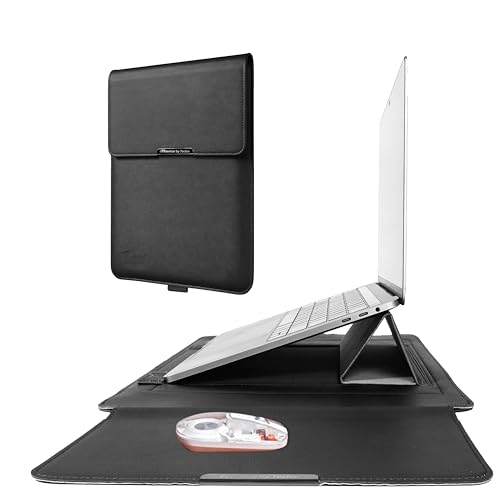 Image of TECHIE 3-in-1 Laptop Sleeve for 13-14 inch Laptops Midnight Black PU Leather Sleeve Convertible Stand Mouse Pad with Accessories Pouch