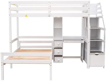 Miniatura 7 de Zaboro Cama alta de tamaño individual con una cama independiente marco de cama de madera maciza con 3 rejillas de almacenamiento escalera y