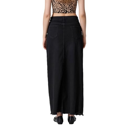 Women's Retro Denim Maxi Skirt Frayed Raw Hem Long Jean Skirt Y2K Fashion A-Line Maxi Denim Skirt with Pockets2