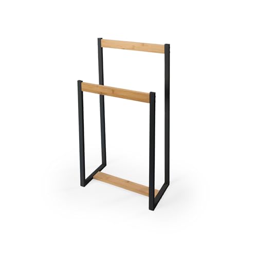 LIN HOME XZ 22179 Toallero de Pie con 2 Barras de Madera y Metal 41x18x80cm para Baño, Lavadero, Dormitorio