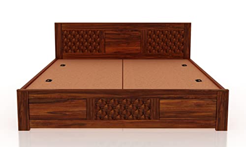 Image of Ganpati Arts Solid Sheesham Wood King Size Raj Bed with Box Storage for Home Wooden Double Beds for Living Room Bedroom (Natural Finish) 1 Year Warranty