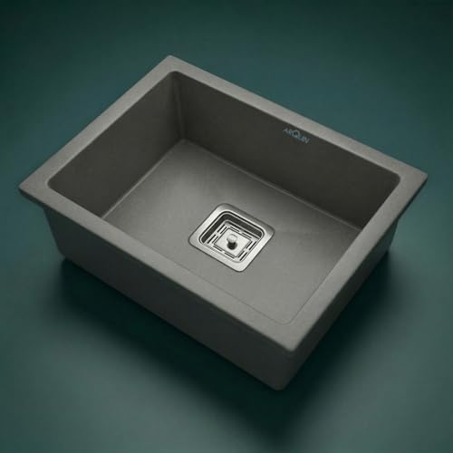 Image of ARQUIN Quartz Sink 24x18x9 Inch Grey | Single Bowl Sink | Durable & Scratch-Resistant | Undermount /Topmount Including Coupling, Waste Pipe & Fruit Washing Basket