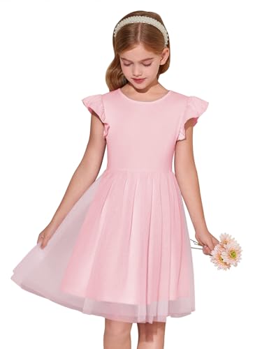 Haloumoning Mädchen Kleider Rüschenärmel Rundhals Einfarbig Sommerkleid A-Linie Prinzessin Tüll Kleid Festlich Geburtstag Hochzeit Party Freizeitkleid, Rosa, 5-6 Jahre