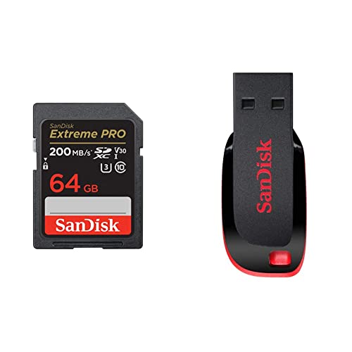 Image of SanDisk Extreme Pro SD UHS I 64GB Card for 4K Video for DSLR and Mirrorless Cameras 200MB /s Read & 90MB /s Write & Cruzer Blade 64GB USB 2.0 Flash Drive