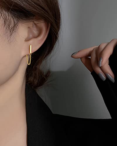 Reffeer 925 Sterling Silver Stud Earrings Minimalist Bar Earrings With Chain Dangle Earrings For Women (C-Yellow) #TOP1