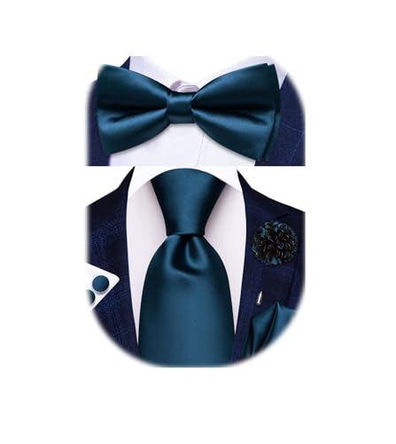 Image of Hi-Tie 5Pcs Mens Solid Color Silk Tie Satin Pretied Bowtie Lapel Pin for Men Handkerchief Cufflink Wedding Gift Box