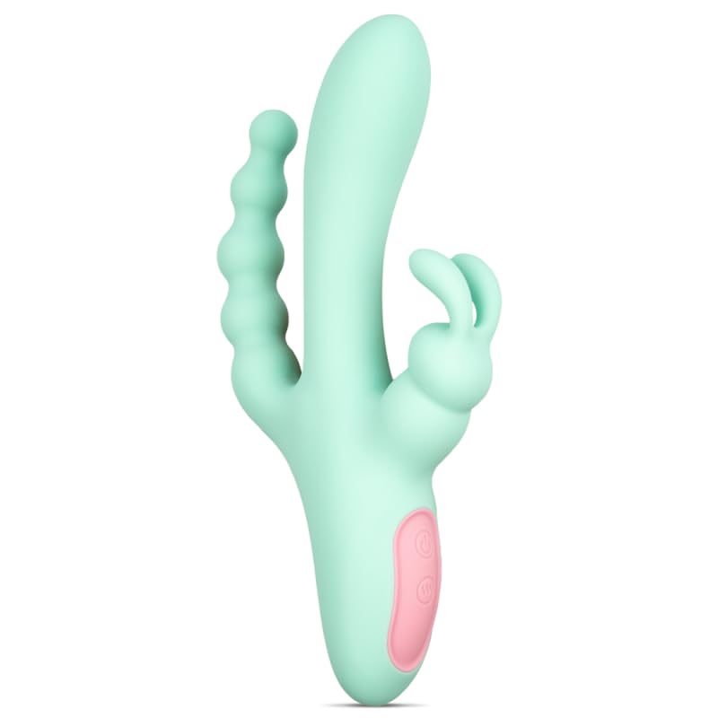 Jacky, Vibrador Triple, Estimulación Anal/Vaginal/Clítoris, Recargable USB, Silicona, 100% Sumergible (Azul)