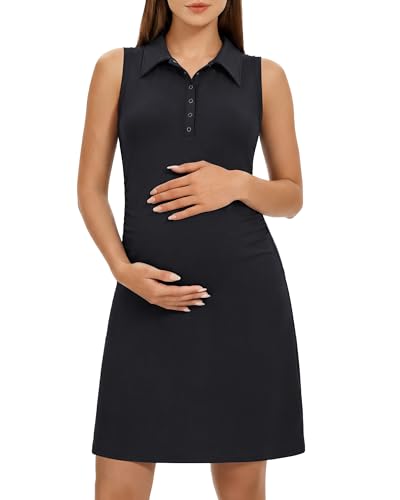 G4Free Maternity Golf Dress Polo Neck UPF 50+ Ruched Sides Sleeveless Pregnancy Casual Dresses for Tennis (Black M)