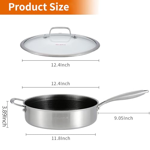 image for DELARLO Tri-Ply Stainless Steel 12 Inch Deep Frying Pan with lid 7QT S