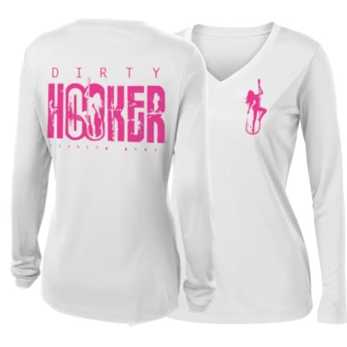Dirty Hooker Fishing Gear, Women's Long Sleeve Dryfit with Classic Pink Logo (White, Medium)
