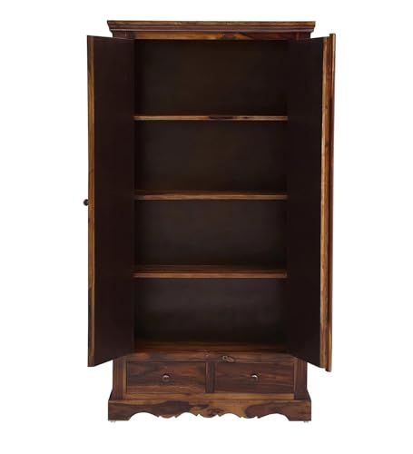 Image of Rajasthali Furniture Wooden 2 Door Wardrobe Organizer for Storage with 2 Drawer 4 Shelves - Sheesham Wood Cupboard for Bedroom - Wooden Almirah Organizer for Clothes Storage (Brian)