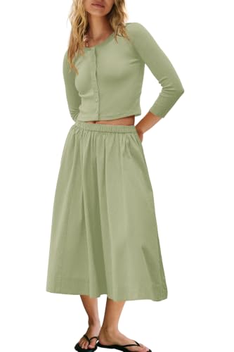 Image of Panadila Womens 2 Piece Lounge Sets Matching Vacation Outfits Ribbed Button Down Cardigan and Elastic Waist Skirt Sets