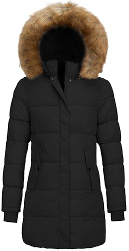 Women's Quilted Puffer Jacket Removable Faux Fur Hooded Long Puffer Coat Lightweight Full-Zip Puffer Jacket