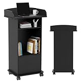 Podium Stand Portable with Wheels, Classroom Lectern for Teacher with Adjustable Storage Shelf, Mobile Rolling Church Pulpits, Office Wooden Reception Desk, Host Stand for School Conference（Black）