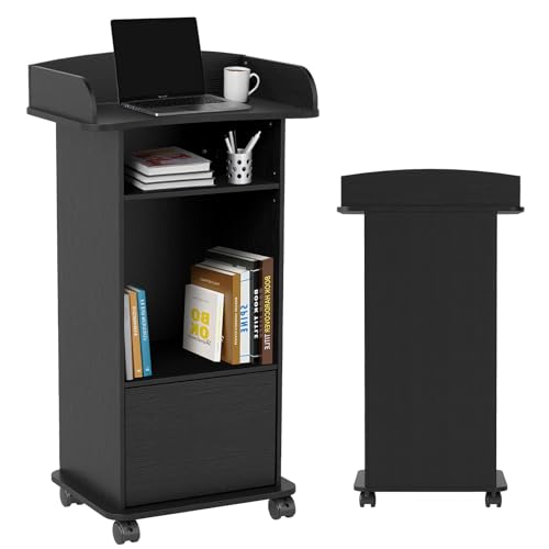 Podium Stand Portable with Wheels, Classroom Lectern for Teacher with