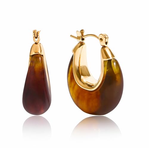 Image of Fullpop Vintage Earrings for Women, Chunky 14K Gold Plated Resin Hoop Earrings Lightweight Hollow Drop Earrings Hypoallergenic Earrings for Women Vintage Anthropologie Jewelry Gifts for Women