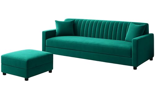 Image of Los Angeles Modern 3-Seater Wooden Sofa Set with Ottoman, Soft Velvet Upholstery, Comfortable Couch for Living Room, Office & Apartment - Green Color