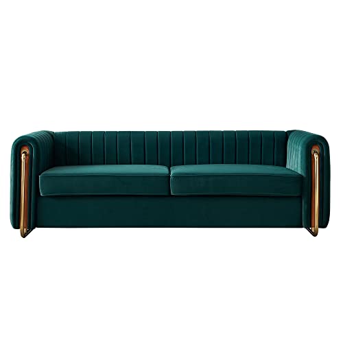 Image of KEIKI 84 inch Velvet Deep Channel Tufted Sofa with Back Cushions and Rolled Arms, Modern Style 3-Seater Couch with Golden Polished Steel Legs, Easy Assembly, for Living Room, Bedroom, Office, Green