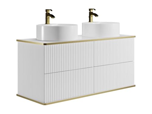 Vente-unique - Meuble de Salle de Bain Suspendu strié liseré doré avec Double Vasque à Poser Ronde - Blanc - 120 cm - KELIZA
